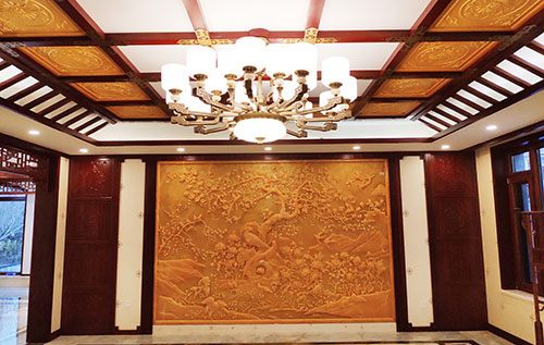 抚顺中式别墅客厅中式木作横梁吊顶装饰展示